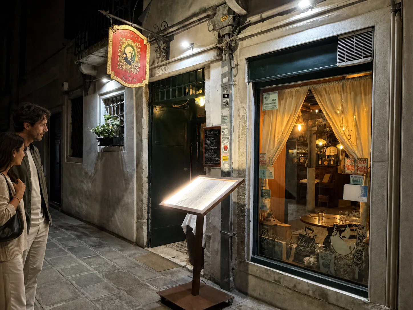 The entrance of Taverna da Baffo at night, with the red sign, the menu stand and the lit window